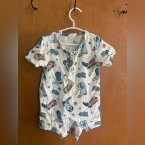 Angel Dear Cowboy Boot Print Kids Muslin Romper- Blue and Brown